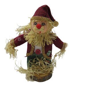 Vintage 8" Straw Santa Scarecrow on Burl Wood